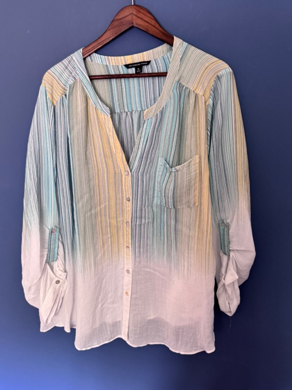 ZAC & Rachel button-up blouse teal and yellow striped design 3X